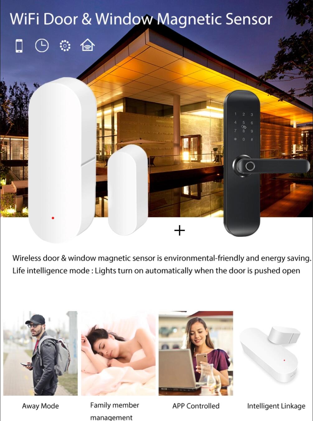 Enerna IoTech alexa Tuya smart home white WIFI door sensor window door open close alarm