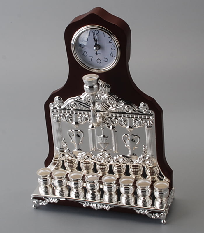 Enerna IoTech wood silver clock Judaica candlestick holders